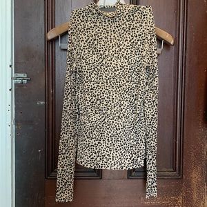 Sheer leopard print mock-neck long-sleeve top